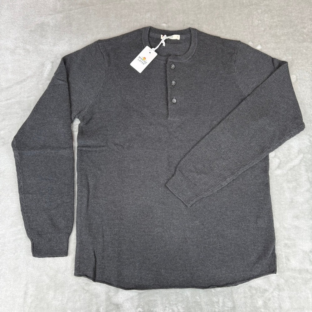 Marine Layer Henley Waffle Sweater Mens Small Black Oyster Merino Wool $118 NWT